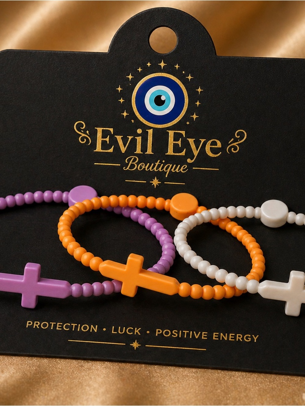 Evil Eye Boutique Orange, Lavender & White Beaded Cross Bracelet Set